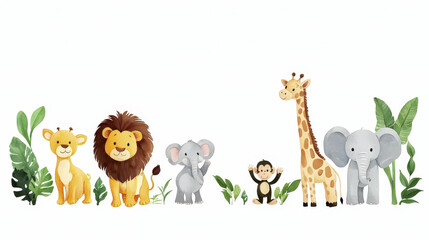 Fototapeta premium Cute cartoon animals including lion, elephant, giraffe, and monkey surrounded by greenery. Perfect for children decor or educational materials