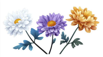 Beautiful illustration of three colorful flowers with vibrant petals and green leaves