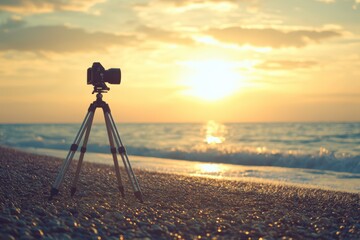 A camera mounted on a tripod capturing the serene sunset over the sea from the shoreline