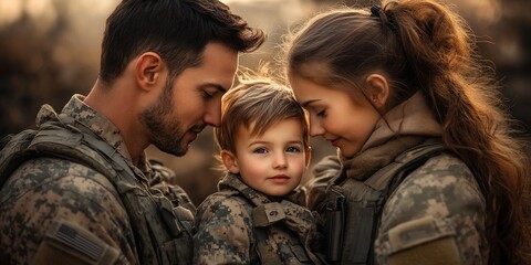 Fototapeta premium Military family reunion, sunset, love