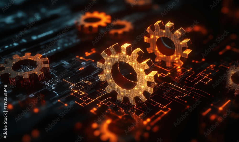 Poster digital gears representing technology and innovation in a futuristic environment with glowing circui