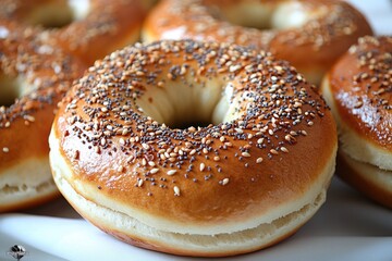A close-up shot of a plate filled with bagels topped with sesame seeds, perfect for a breakfast or snack image