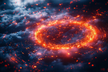 Obraz premium Floating polygon shapes labeled as data blocks forming a ring around a luminous cloud, each polygon connected by chain lines,