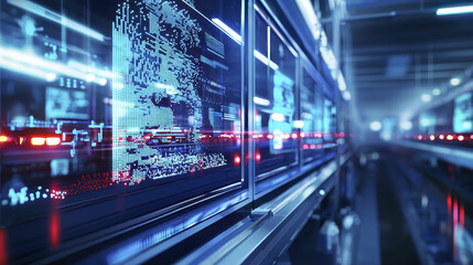 Futuristic digital display in high tech environment showcasing vibrant visuals and data streams, creating immersive experience