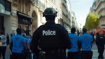 Police officer in tactical gear patrolling a city street with crowd in background.