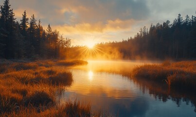 Fototapeta premium Misty sunrise over autumn river
