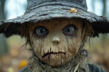 A close-up view of a scare doll wearing a hat, great for Halloween decorations or horror-themed projects