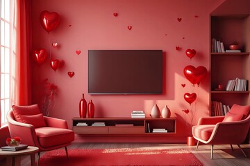 Blank modern flat screen TV hanging on wall in red valentines day living room with copy space