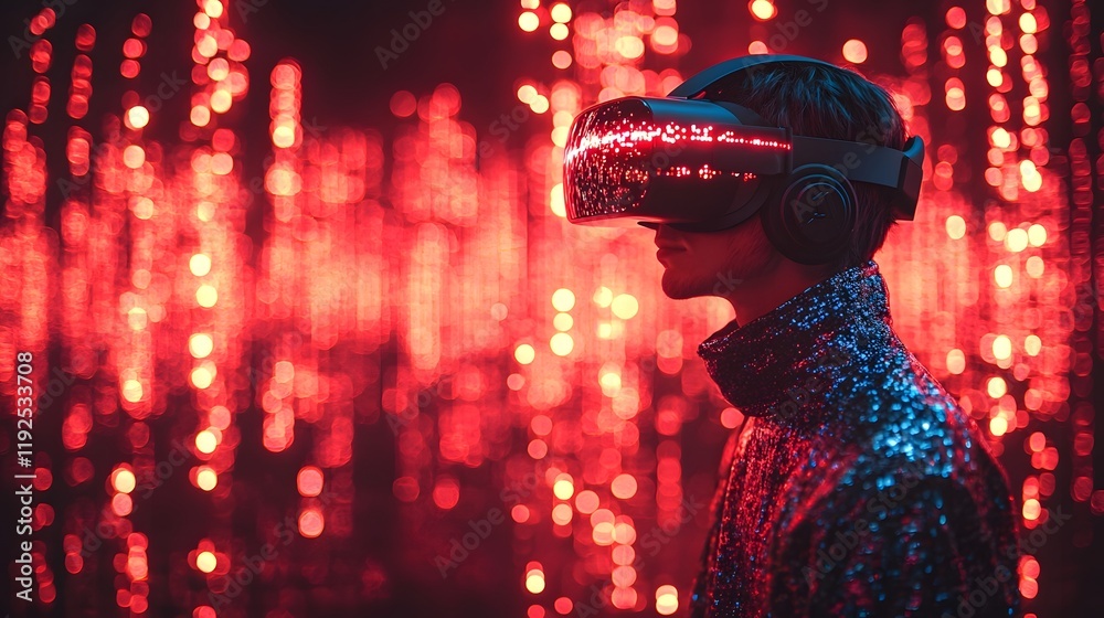 Poster hacker immersed in glowing digital landscape with encrypted data streams