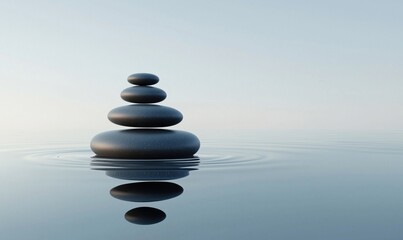Balanced stones stacked in serene water, reflecting calmness and tranquility, symbolizing harmony and mindfulness