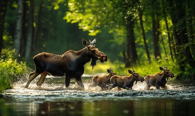Moose family crossing forest stream at dawn