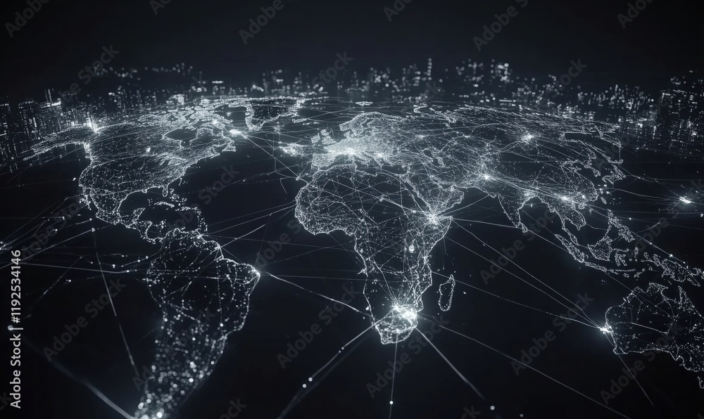 Poster global network connectivity visualization, digital world map with illuminated connections, data flow
