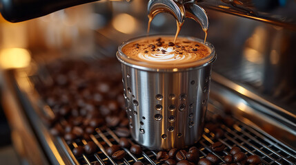 A positive moment where a barista serves coffee in a reusable metal tumbler, saving one more disposable cup,