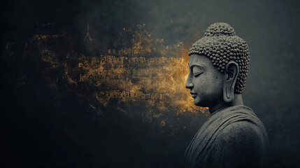 Buddha statue meditating with ancient sanskrit writings appearing on dark background