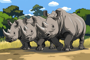 Fototapeta premium Three rhinoceroses walking through a savanna landscape under a blue sky.