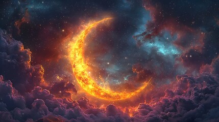 Glowing Crescent Nebula in Vivid Turquoise and Golden Hues with Swirling Purple Clouds