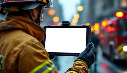 A firefighter presents a tablet with an empty screen, stressing the significance of digital tools in modern firefighting efforts