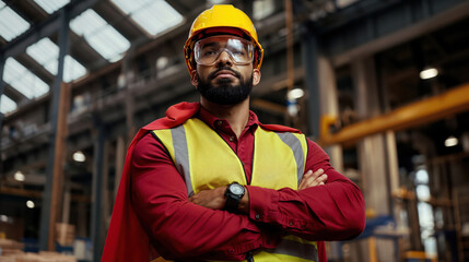 Superhero supervisor wearing red cape standing with crossed arms in a factory
