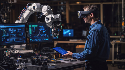 Automation engineer wearing vr goggles uses tablet and monitors industrial robotic arm with computer screens showing software interface
