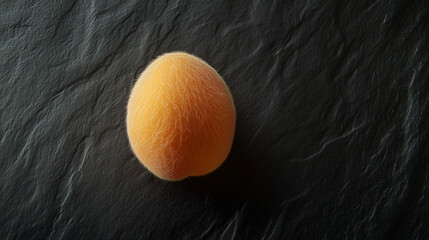 A clean image of a single, ripe apricot, its fuzz visible, on a dark slate.