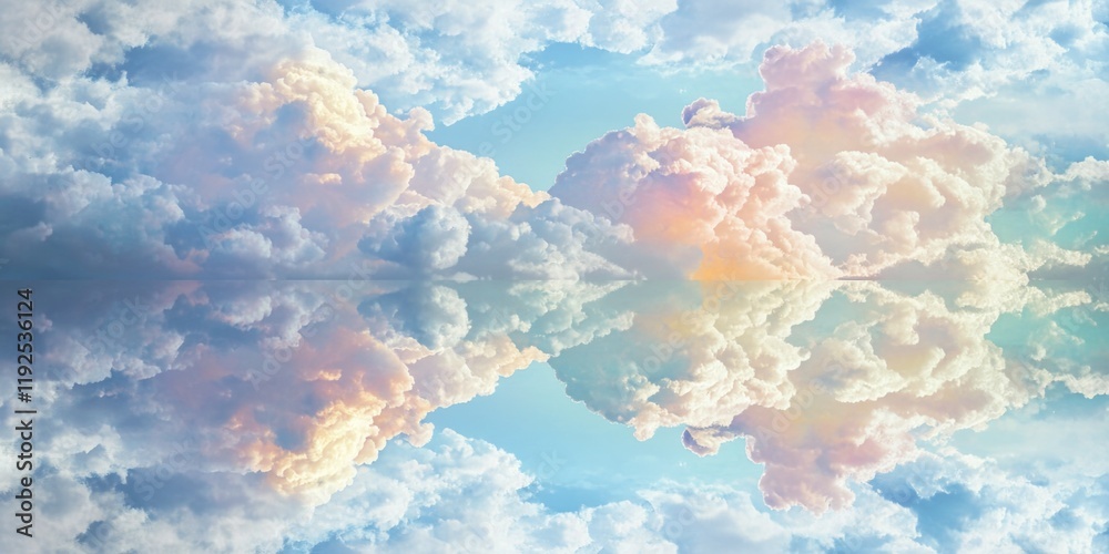 Poster aerial view of an airplane soaring through fluffy white clouds against a bright blue background