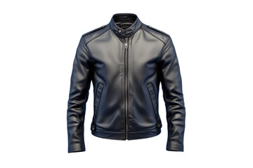 Blue men's leather jacket, minimalist front view.