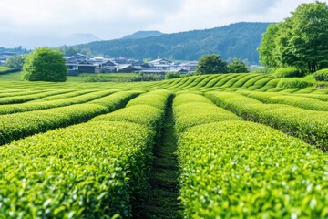 Scenic View of Tea Bushes with Mountain Village Background