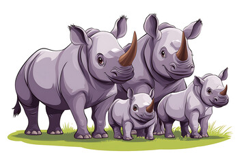 Fototapeta premium A family of cartoon rhinoceroses standing together on green grass.