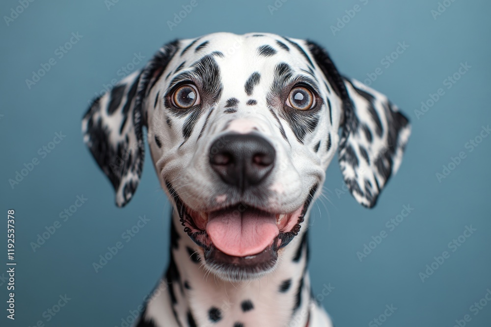 Poster a close-up view of a dalmatian dog's facial features, with distinctive spots and a friendly expressi