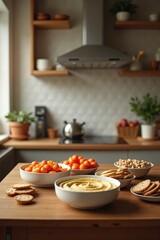 A cozy kitchen scene featuring a wooden table filled with healthy snacks like hummus, carrots, and whole grain crackers, creating a warm inviting space