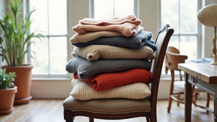 Recycled wool sweaters on a vintage wooden chair in a bright space