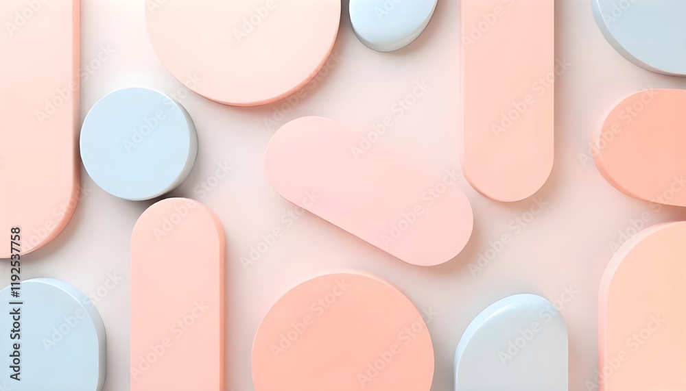 Aufkleber Geometric 3D smooth pastel shapes arranged in an abstract pattern, set against a soft light color palette, creating a calming and modern background with gentle curves and subtle depth