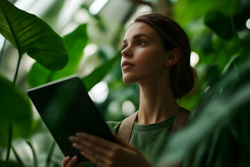Fototapeta premium A serene woman stands among lush greenery, holding an e-reader, immersed in nature's tranquility.