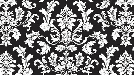 The image features an intricate black and white floral damask pattern