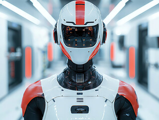 Fototapeta premium futuristic humanoid robot with sleek design standing in high tech laboratory, showcasing advanced AI technology