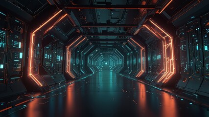 Futuristic Metaverse Tunnel with Polygon Shapes and Circuit Boards. Generative AI