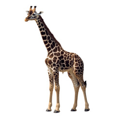 Naklejka premium tall giraffe with distinctive spots stands gracefully against transparency background, showcasing its long neck and elegant posture. This majestic animal embodies beauty of wildlife