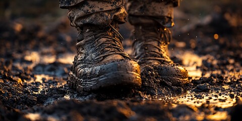 Muddy boots, sunset, outdoor, nature, military