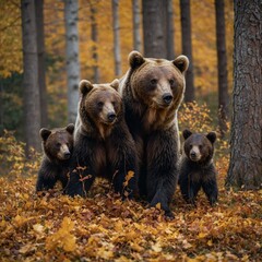 Fototapeta premium A mother bear and her cubs playing in an autumn forest with golden and red leaves.