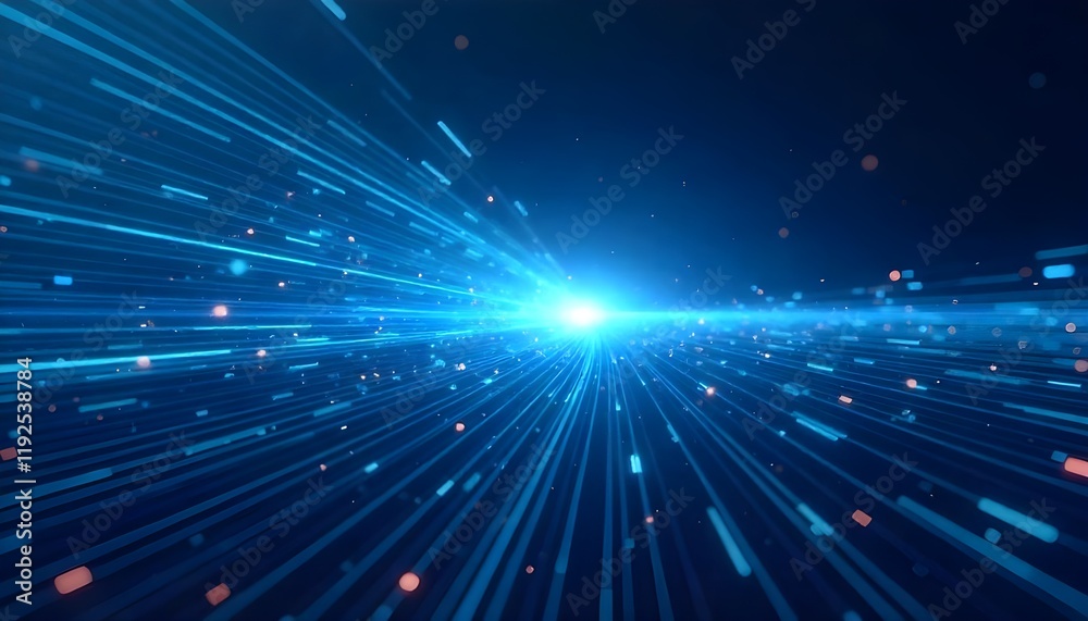Poster A vector abstract design representing science and futuristic energy technology, featuring dynamic light rays and sleek striped lines against a glowing blue background