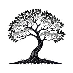 illustration tree with leaves and birds. Silhouette on white background.