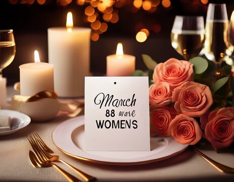 Generated image A candlelit table setting with a card that says 'March 8 &ndash; Celebrate Women' next to a bouquet