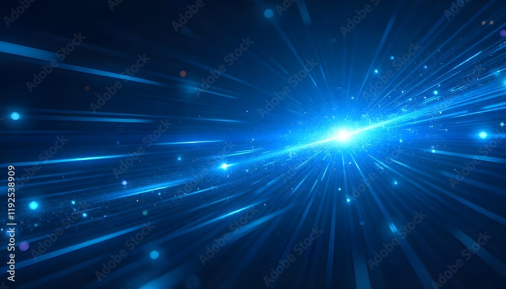 Poster A vector abstract design representing science and futuristic energy technology, featuring dynamic light rays and sleek striped lines against a glowing blue background