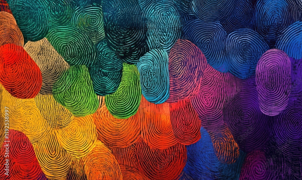 Poster colorful abstract fingerprint patterns creating vibrant visual texture and depth, showcasing a spect