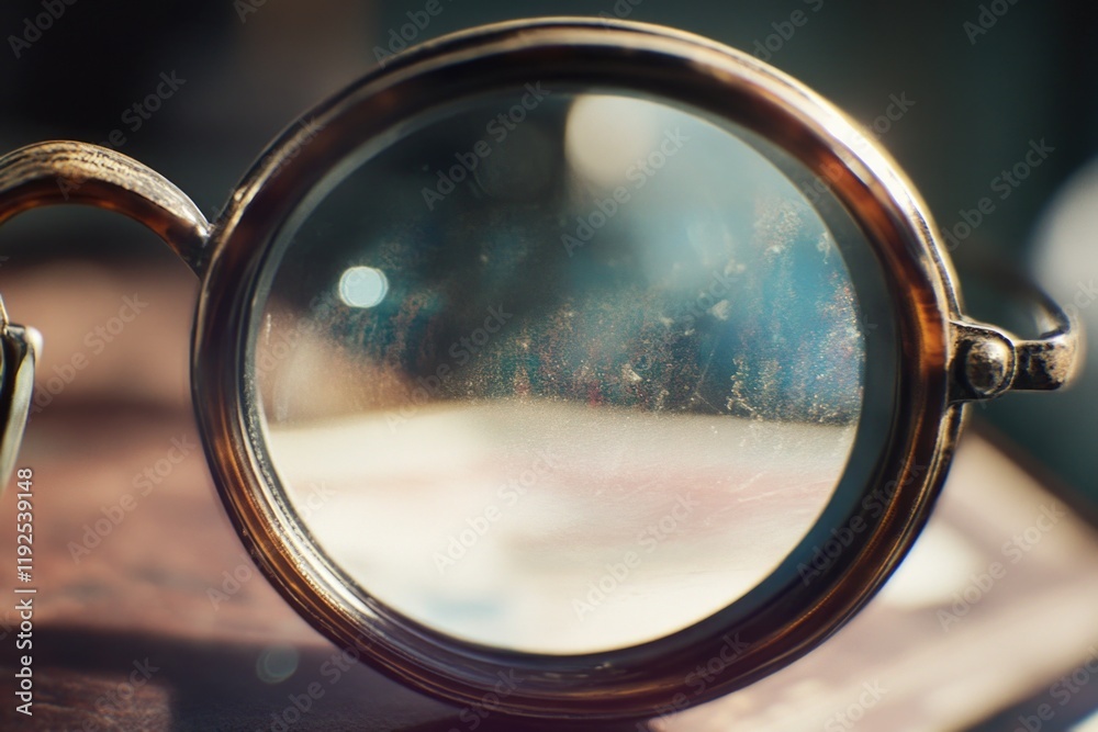 Poster a close-up view of a pair of glasses sitting on a flat surface