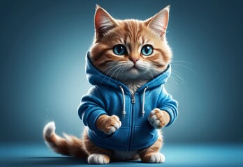 sporty cat in a hoodie doing sports