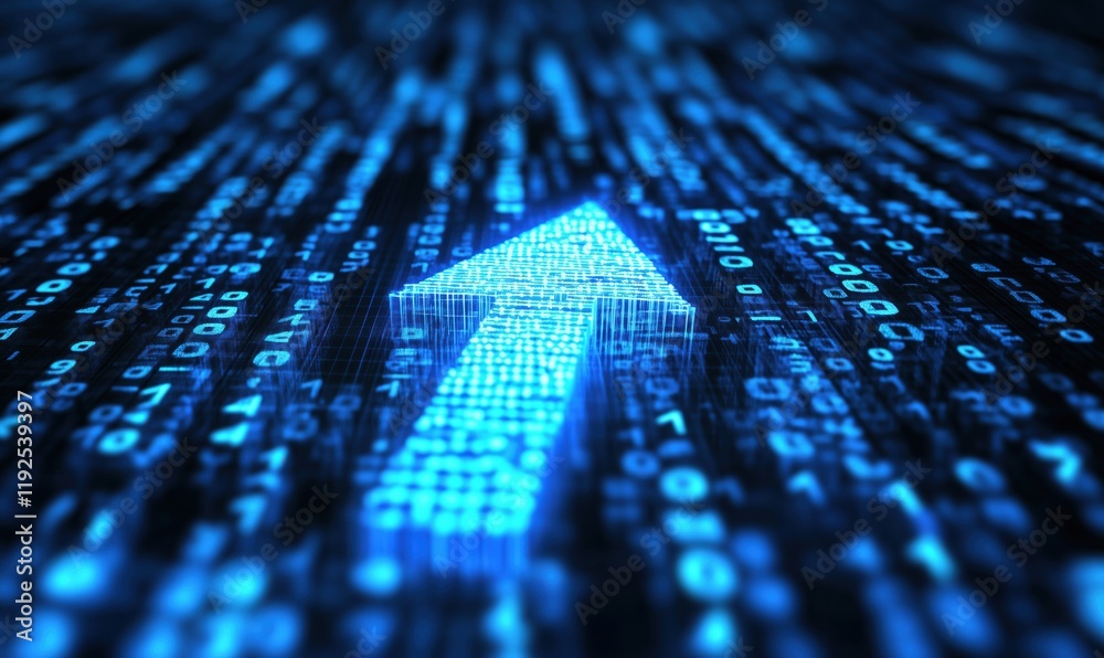 Poster digital upward arrow composed of glowing blue binary code representing data growth and technology ad