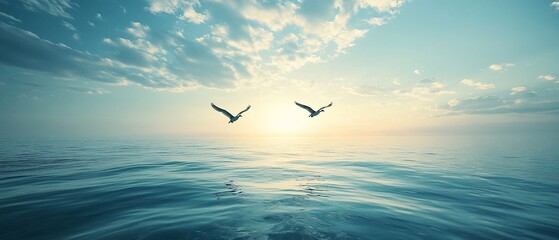 Obraz premium Ocean sunset, two birds fly, calm sea