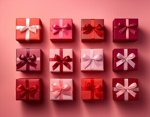 Generated image A collection of Valentine’s Day gift boxes tied with elegant ribbons, arranged in a gradient