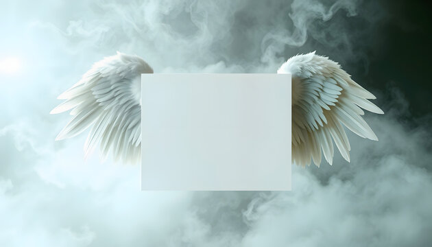 Angel Wings Message Board - wide wispy ethereal energy background with a large misty white central message board area  flanked by a pair of Angel wings, studio lighting